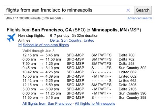 图片介绍：谷歌在搜索结果中增加航班和航线信息